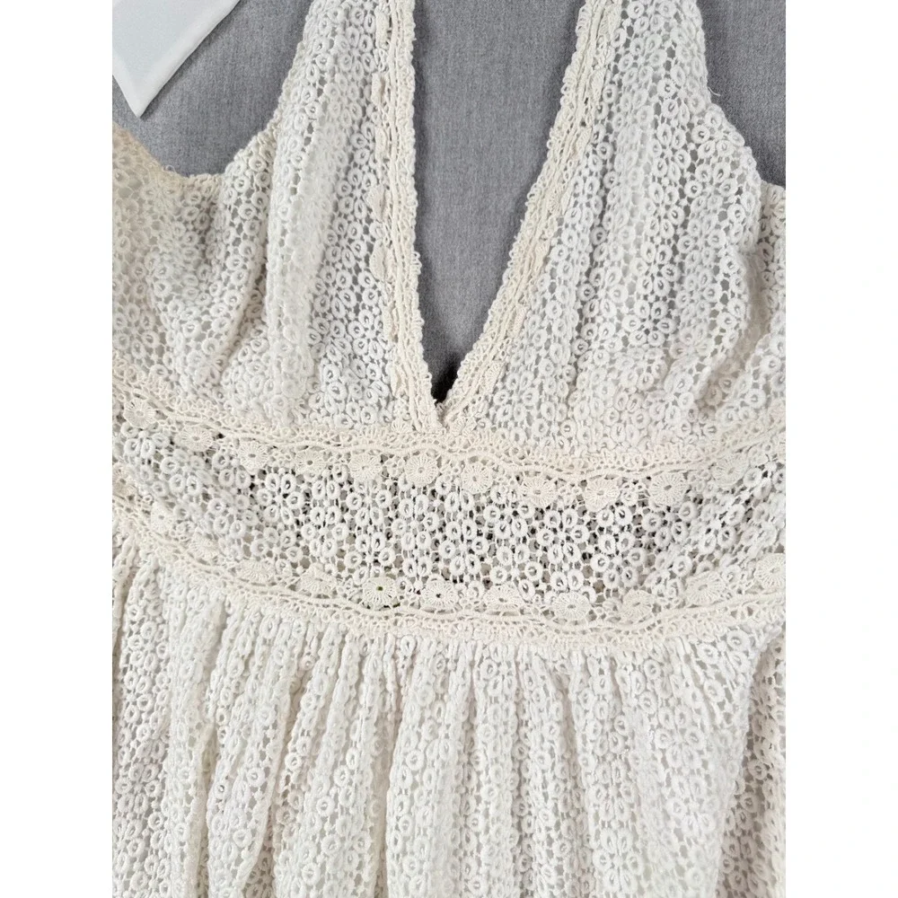 Free‎ People Ivory Lace Halter Mini Dress Boho Crochet Floral 12